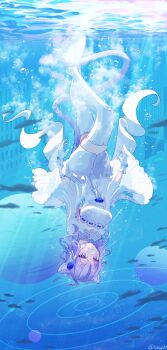 1girl :3 absurdres ahoge air_bubble alternate_costume animal_ears blue_flower blue_rose breasts bubble cape cat_ears cat_girl cat_tail closed_mouth commentary_request crossed_bangs diffraction_spikes dress flower freediving frilled_gloves frills full_body gloves hair_flower hair_ornament highres hololive looking_at_viewer medium_breasts medium_hair nekomata_okayu no_shoes pencil_dress purple_eyes purple_hair reflection rose see-through_cape short_dress skindentation smile solo strapless strapless_dress tail tebingo thick_thighs thighhighs thighs tight_clothes underwater upside-down virtual_youtuber white_cape white_dress white_gloves white_thighhighs zettai_ryouiki