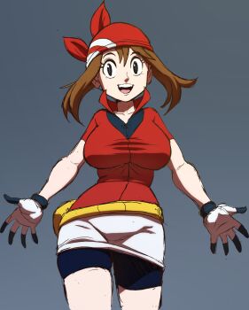 bandana bike_shorts breasts cleft_of_venus fanny_pack fingerless_gloves gloves highres large_breasts looking_at_viewer may_(pokemon) medium_hair nintendo pokemon pokemon_rse teevo