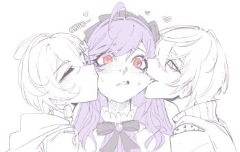 1boy 2girls ahoge belle_(zenless_zone_zero) biting biting_cheek black_bow black_bowtie blush bow bowtie boy_and_girl_sandwich cheek_kiss closed_eyes double_cheek_kiss ecstasy fang hair_between_eyes hair_bow hair_ornament heart highres hood hood_down hoodie kiss kissing_cheek multiple_girls partially_colored portrait purple_hair red_eyes romaji_text sandwiched skin_fang sweat trips_to_phoebe vivian_banshee wise_(zenless_zone_zero) zenless_zone_zero