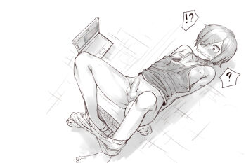 00s 1boy absurdres arms_behind_back bdsm bondage bound clothes_pull computer greyscale hair_over_one_eye highres ikezawa_kazuma konery_(reasonyou) laptop male_focus monochrome pants pants_pull penis shota solo summer_wars tank_top