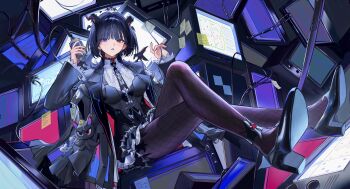 1girl absurdres black_coat black_hair black_necktie black_pantyhose black_shoes black_skirt black_vest blue_eyes coat collared_shirt commentary commission crossed_legs english_commentary entrovia heterochromia highres holding holding_microphone horns kaido_jun looking_at_viewer microphone necktie open_clothes open_coat pantyhose pleated_skirt red_eyes shirt shoes short_hair sitting skirt solo springfish_studio vest virtual_youtuber white_shirt