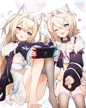 2girls absurdres ahoge animal_ears bandaid bandaid_hair_ornament barefoot belt belt_collar black_collar black_jacket blonde_hair blue_belt blue_eyes blue_hair blue_hairband blue_nails blush breasts collar colored_inner_animal_ears commentary convenient_leg crop_top cropped_shirt dog_ears dog_girl dog_tail dress fang feet fingernails fishnet_thighhighs fishnets flame_print frilled_shorts frills full_body fur-trimmed_jacket fur_trim fuwawa_abyssgard fuwawa_abyssgard_(1st_costume) hair_ornament hairband hairpin hand_up handheld_game_console head_tilt headphones headphones_around_neck heart highres holding holding_handheld_game_console hololive hololive_english jacket kneehighs large_breasts legs long_hair long_sleeves midriff mococo_abyssgard mococo_abyssgard_(1st_costume) multicolored_hair multiple_girls multiple_hairpins nail_polish neru5 nintendo_switch one_eye_closed open_clothes open_jacket open_mouth outstretched_arms pink_eyes pink_hair pink_hairband pink_nails shirt short_hair shorts siblings simple_background single_thighhigh sisters sitting small_breasts socks streaked_hair swept_bangs t-shirt tail thighhighs toenail_polish toenails tongue twins twintails two-tone_hair unzipped virtual_youtuber white_background white_dress white_shirt white_shorts
