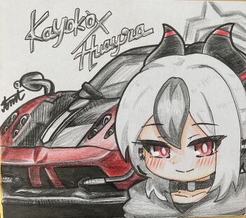 1girl absurdres black_hair black_horns blue_archive car commentary_request demon_girl demon_horns grey_halo halo highres horns kayoko_(blue_archive) motor_vehicle multicolored_hair red_car red_eyes shikishi solo tomimon two-tone_hair vehicle_request white_hair