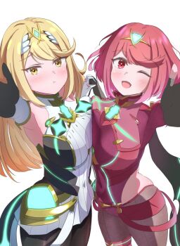 2girls arm_up black_pantyhose blonde_hair blush bob_cut breast_press breasts commentary_request core_crystal_(xenoblade) glowing highres konoe_mizusawa large_breasts looking_at_viewer multiple_girls mythra_(massive_melee)_(xenoblade) mythra_(xenoblade) official_alternate_costume one_eye_closed open_mouth pantyhose pout pyra_(xenoblade) red_eyes red_hair skindentation smile standing symmetrical_docking tiara white_background xenoblade_chronicles_(series) xenoblade_chronicles_2 yellow_eyes