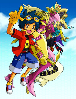 Rule 34 | 1boy, aegisdramon, anubimon, digimon, goggles, goggles on head, highres, lordknightmon, shu (digimon), simple background, white background