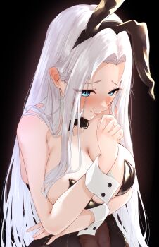 1girl absurdres animal_ears azur_lane bare_shoulders black_bow black_bowtie black_leotard blue_eyes bow bowtie breasts commentary_request fake_animal_ears forehead highres large_breasts leotard long_hair looking_at_viewer nonokuro_no96 official_alternate_costume pantyhose parted_lips playboy_bunny rabbit_ears solo upper_body very_long_hair white_hair wrist_cuffs yorktown_(azur_lane) yorktown_ii_(an_evening's_companionship)_(azur_lane) yorktown_ii_(azur_lane)
