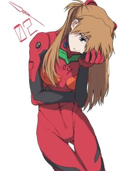 Rule 34 | 1girl, artist request, blue eyes, bodysuit, breasts, brown hair, covering face, cowboy shot, curvy, expressionless, hand on own hip, highres, lance, lance of longinus (evangelion), lips, looking down, mecha pilot suit, neon genesis evangelion, plugsuit (evangelion), polearm, red bodysuit, self hug, simple background, skin tight, solo, souryuu asuka langley, the end of evangelion, tsundere, two side up, weapon, white background, wide hips