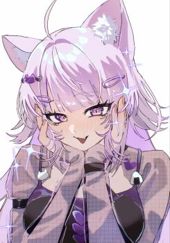 1girl animal_ear_fluff animal_ears black_bra bra cat_ears cat_girl eyelashes floral_print hands_on_own_face hashtag-only_commentary highres hololive long_hair nekomata_okayu nekomata_okayu_(gyaru) official_alternate_costume purple_bra purple_eyes see-through_clothes see-through_shirt shirt simple_background solo sparkle suzka225 underwear upper_body virtual_youtuber white_background