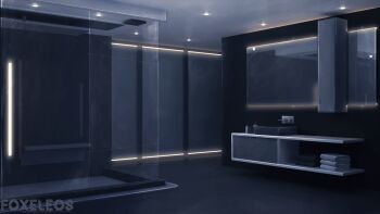 3d artist_name bathroom blender_(medium) blue_theme cabinet ceiling ceiling_light commentary english_commentary floor foxeleos glass_door grey_theme highres indoors mirror no_humans original photoshop_(medium) reflection roomscape scenery shelf sink soap_bottle towel wall wall_lamp watermark
