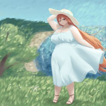 1girl artist_request body_freckles breadguardian breasts brown_eyes dress freckles hand_on_own_hat hat jewelry large_breasts long_hair necklace one_eye_closed orange_hair original outdoors plump sandals shell shell_necklace shoulder_freckles sky sleeveless sleeveless_dress solo standing sun_hat sundress white_dress wind wink