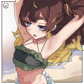 1girl adjusting_hair alternate_costume anya_melfissa armpit_focus armpits arms_up artist_logo atziid69 beach blonde_hair blonde_streaks border brown_hair commentary double-parted_bangs english_commentary gradient_hair highres hololive hololive_indonesia jitome logo long_hair looking_at_viewer multicolored_hair navel open_mouth outside_border purple_eyes solo stomach streaked_hair thick_eyebrows two-tone_hair two_side_up upper_body virtual_youtuber wavy_hair wavy_sidelocks white_border