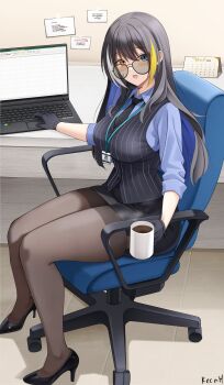 1girl :d absurdres at_computer black_gloves black_hair black_necktie black_pantyhose black_shoes black_skirt black_vest blonde_hair blue_eyes blue_hair blue_shirt blush breasts calendar_(object) chair coffee collared_shirt colored_inner_hair commission computer cup desk glasses gloves heterochromia high_heels highres holding holding_cup indoors keenh laptop long_hair looking_at_viewer medium_breasts multicolored_hair necktie office_lady open_mouth original pantyhose pinstripe_pattern pinstripe_vest shirt shoes sidelocks signature sitting skirt smile solo streaked_hair swivel_chair vest white_hair yellow_eyes