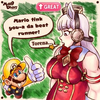 1girl animal_ears armband black_overalls blue_eyes blunt_bangs blush bow bowtie breasts brown_hair brown_hat crossover dress english_text facial_hair gloves gold_ship_(red_strife)_(umamusume) gold_ship_(umamusume) grey_hair hat highres horse_ears horse_girl large_breasts long_hair looking_at_another mario mario_(series) marodraws mood_(umamusume) mustache nintendo open_mouth overalls pillbox_hat purple_eyes red_armband red_bow red_bowtie red_dress shirt sleeveless sleeveless_dress smile speech_bubble striped_armband striped_clothes super_star_(mario) thumbs_up umamusume white_armband white_gloves yellow_shirt