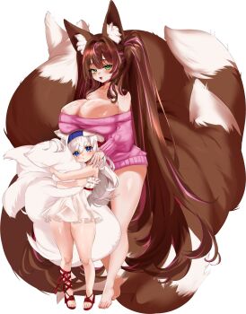 2girls absurdres animal_ear_fluff animal_ears bare_shoulders barefoot blue_eyes blue_hairband breast_rest breasts breasts_on_head brown_hair closed_mouth commentary commission curvy dress english_commentary fox_ears fox_girl fox_tail full_body green_eyes hair_between_eyes hairband height_difference highres holding holding_pillow huge_breasts hugging_object idolmikii long_hair looking_at_viewer multiple_girls multiple_tails open_mouth original pillow pillow_hug pink_sweater plushmallow pout red_sandals sandals simple_background smile sweater swept_bangs tail thick_thighs thighs white_background white_dress white_hair