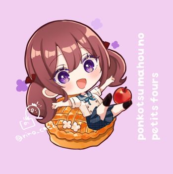 1girl :d apple_pie black_shoes black_socks blue_sailor_collar blue_skirt brown_hair chibi commentary_request floral_background food full_body hair_between_eyes hair_ribbon looking_at_viewer open_mouth original outstretched_arms pie pink_background purple_eyes red_ribbon ribbon rino_cnc romaji_text sailor_collar school_uniform serafuku shirt shoes short_sleeves simple_background skirt smile socks solo spread_arms twitter_username white_shirt