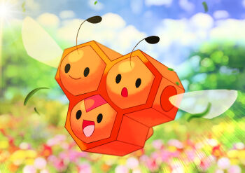 absurdres black_eyes blue_sky blurry blurry_background combee commentary_request full_body gen_4_pokemon highres nintendo no_humans omega_takai open_mouth outdoors pokemon pokemon_(creature) sky solo