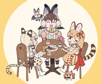 Rule 34 | 3girls, animal, animal ears, bat (animal), bat ears, bat girl, bat wings, belt, bow, bowtie, brown eyes, brown hair, brown long-eared bat (kemono friends), cat, chair, coffee, commentary request, elbow gloves, extra ears, fingerless gloves, food, geoffroy's cat (kemono friends), glasses, gloves, green eyes, grey hair, highres, hissaa (hisser), kemono friends, kemono friends v project, large-spotted genet (kemono friends), leotard, long hair, microphone, multicolored hair, multiple girls, orange background, pantyhose, poporu (kemono friends), ribbon, shirt, shoes, simple background, sitting, skirt, streaked hair, sweets, table, tail, thighhighs, twintails, virtual youtuber, wings