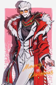 1boy absurdres alternate_costume black_sweater candy candy_cane cane chinese_commentary christmas commentary_request food fur-trimmed_jacket fur_trim green_scarf grin hair_slicked_back hand_in_pocket hand_on_cane highres jacket long_sleeves looking_at_viewer m_dili male_focus merry_christmas mullet open_clothes open_jacket orange-tinted_eyewear pants rectangular_eyewear red_jacket red_scarf scarf short_hair smile snowflake_print solo sunglasses sweater tinted_eyewear to_be_hero to_be_hero_x turtleneck turtleneck_sweater two-tone_scarf vest white_hair white_pants white_vest x_(to_be_hero_x)
