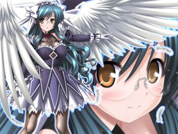 Rule 34 | 1girl, angel, angel wings, blue hair, blush, breasts, brown eyes, detached sleeves, dress, feathered wings, feathers, game cg, glasses, gloves, green hair, higuchi isami, large breasts, long hair, magical girl, mahou shoujo sae, nishijima shouko, non-web source, official art, pantyhose, semi-rimless eyewear, smile, solo, variant set, wings, yellow eyes, zoom layer