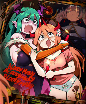 3girls absurdres animal_print bat_print blood breasts bridal_gauntlets can candle capelet cat_print chainsaw_man closed_mouth collarbone commentary cosmetics crossover darkstalkers demon_horns earrings elf english_commentary fangs frieren frown green_hair grey_hair head_wings highleg highleg_leotard highres holding holding_candle holding_staff horns jewelry large_breasts leotard lipstick_tube long_hair looking_ahead mage_staff medium_breasts mirror monster_energy morrigan_aensland multiple_crossover multiple_girls no_pants open_mouth orange_hair panties pantyhose parted_bangs pink_pantyhose pointy_ears power_(chainsaw_man) reflection shirt short_sleeves sideboob skin_fangs snegovski sousou_no_frieren staff striped_clothes striped_shirt underwear v-shaped_eyebrows wavy_mouth white_capelet wings