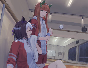 2girls analog_clock animal_ears blunt_bangs blush bottle bow braid brown_hair ceiling_light clock closed_eyes ear_bow ear_covers ear_ribbon green_eyes gym_shorts hairband hallway headband highres hime_cut holding holding_bottle holding_towel horse_girl indoors jacket locker long_hair long_sleeves looking_at_viewer multicolored_hair multiple_girls night open_mouth orange_hair purple_bow purple_ribbon red_jacket red_shorts ribbon seikatsu shorts silence_suzuka_(umamusume) sitting smile special_week_(umamusume) standing towel towel_around_neck tracen_training_uniform track_jacket track_suit two-tone_hair umamusume wall_clock water_bottle white_hair white_hairband window