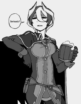 1girl alcohol allsu_official beer beer_mug coat cup elbow_rest english_text grey_background greyscale hair_horns hashtag-only_commentary highres holding holding_cup looking_at_viewer made_in_abyss monochrome mug multicolored_hair ozen short_hair simple_background smile standing streaked_hair