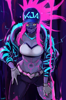 1girl akali asymmetrical_legwear baseball_cap belt bodypaint breasts butcha-u can crop_top gloves hat highres holding holding_can jacket k/da_(league_of_legends) k/da_akali league_of_legends long_hair looking_at_viewer mask medium_breasts midriff mouth_mask navel neon_trim official_alternate_costume pink_hair ponytail print_headwear print_mask sidelocks solo spray_can ultraviolet_light uneven_legwear yellow_eyes
