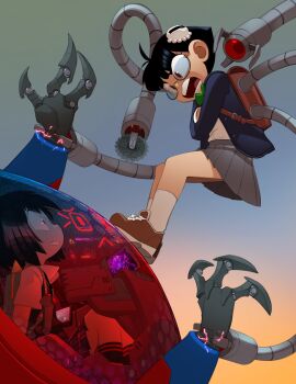 2girls :< aged_down angry antenna_hair arms_behind_back backpack bag black_hair black_socks black_sweater_vest blazer bleedman blue_jacket blue_sky blunt_ends bob_cut bow bowtie brown_bag brown_eyes brown_footwear circular_saw clenched_teeth cockpit collared_shirt commentary constricted_pupils crossed_arms dress_shirt electricity english_commentary extra_arms eye_contact eyelashes glasses gradient_sky green_bow green_bowtie green_sky grey_skirt hands_up highres jacket long_sleeves looking_at_another looking_down looking_up marvel mecha mechanical_arms multiple_girls octopus_hair_ornament okutamiya_otoha on_mecha open_mouth orange_sky peni_parker piloting plaid_clothes plaid_skirt pleated_skirt randoseru robot round_eyewear saw school_uniform semi-rimless_eyewear shirt shoes short_hair shouting sitting skirt sky socks sparks spider-man:_into_the_spider-verse spider-man:_octopus_girl spider-man_(series) spider-verse standing surprised sweatdrop sweater_vest teeth under-rim_eyewear white_shirt wrestling