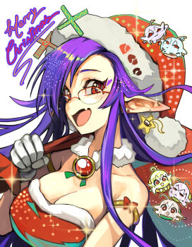 Rule 34 | 1girl, alternate eyewear, armlet, blush, breasts, chibi, chibi inset, christmas, cleavage, commentary, detached collar, dress, ear piercing, earrings, elf, english commentary, english text, eudetenis, fang, fur collar, gloves, hair over one eye, hat, highres, holding, holding sack, irisha (eudetenis), jewelry, large breasts, long hair, looking at viewer, merry christmas, original, over-rim eyewear, piercing, pointy ears, purple hair, red-framed eyewear, red dress, red eyes, sack, santa hat, semi-rimless eyewear, skin fang, solo focus, star (symbol), star earrings, strapless, strapless dress, stud earrings, white gloves
