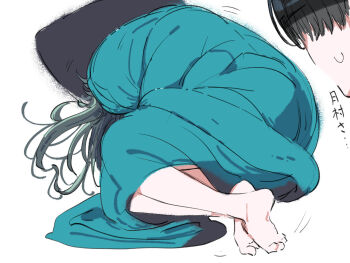 1boy 1girl bare_legs barefoot commentary_request cuddling gakuen_idolmaster green_hair idolmaster kasasagi_(futagodori888) long_hair looking_at_another lying on_side producer_(idolmaster) soles sweatdrop toe_scrunch translated tsukimura_temari under_covers
