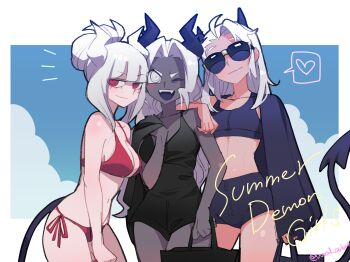 3girls :d alternate_hairstyle artist_name bag bare_arms bare_shoulders bikini black_one-piece_swimsuit blunt_bangs border breasts cleavage cloud collarbone colored_skin cowboy_shot demon_girl demon_horns demon_tail english_text grey_eyes grey_skin heart helltaker highres holding holding_bag horns jacket jacket_on_shoulders judgement_(helltaker) justice_(helltaker) long_hair lucifer_(helltaker) medium_breasts mole mole_under_eye multiple_girls navel noah_(tettsui-sole) one-piece_swimsuit open_mouth red_bikini red_eyes smile spoken_heart sunglasses swimsuit tail teeth twitter_username upper_teeth_only white_border white_hair