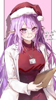 1girl breasts clipboard coat eepy_sleepy glasses hat lab_coat large_breasts looking_at_viewer mn374390 name_tag phase_connect pointy_ears purple_eyes purple_hair santa_hat sweater tagme virtual_youtuber