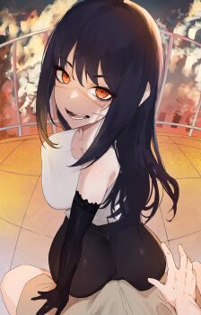 bare_shoulders black_hair black_pants breasts chainsaw_man collarbone denji_(chainsaw_man) highres kataku_musou large_breasts long_hair looking_at_viewer open_mouth orange_eyes outdoors pants ringed_eyes scar scar_on_face shorts sitting tank_top yoru_(chainsaw_man)