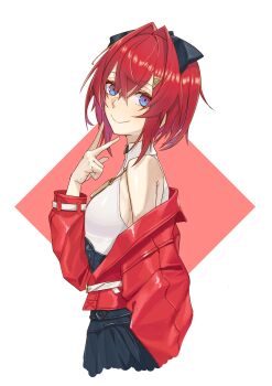 1girl absurdres ange_katrina ange_katrina_(2nd_costume) armpit_crease belt black_bow black_skirt blue_eyes bow breasts closed_mouth collared_shirt commentary_request cropped_legs crossed_bangs from_side gold_necklace gradient_eyes hair_between_eyes hair_bow hair_intakes hair_ornament halter_shirt halterneck hand_up high-waist_skirt highres ikvugzu5zu51627 inward_v jacket jewelry lips long_bangs long_sleeves looking_at_viewer multicolored_eyes necklace nijisanji off_shoulder pink_background pleated_skirt purple_eyes red_hair red_jacket shirt shirt_tucked_in single_bare_shoulder skirt sleeveless sleeveless_shirt small_breasts smile solo square triangle_hair_ornament turning_head two-tone_background v virtual_youtuber white_background white_belt white_shirt