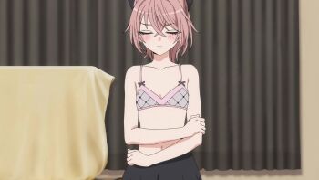 1girl animated anime_screenshot black_ribbon black_skirt blush bra breasts closed_eyes collarbone frilled_skirt frills grey_bra grey_eyes hair_between_eyes hair_ribbon highres inui_sajuna navel pink_hair ponytail ribbon skirt small_breasts solo sono_bisque_doll_wa_koi_wo_suru sound standing stomach tagme thighs underwear video