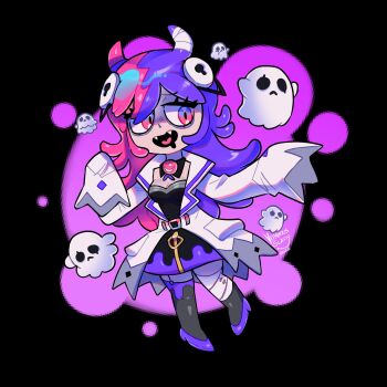 Rule 34 | 1girl, 2025, anemone (goonya monster), bags under eyes, bandaged leg, bandages, black background, black bow, black bowtie, black dress, black thighhighs, bow, bowtie, breasts, cleavage, coat, commentary, dress, drooling, english commentary, fangs, ghost, goonya monster, hair ornament, highres, horns, kitten heels, long hair, medium breasts, mouth drool, multicolored hair, open clothes, open coat, open mouth, pink eyes, pink hair, purple hair, shaded face, signature, sleeves past fingers, sleeves past wrists, thighhighs, vitreous glassy, white coat