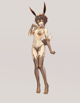 1girl :d absurdres animal_ears breasts brown_hair commission corruption full_body grey_background hand_on_own_chest highres large_variant_set liquid looking_at_viewer medium_breasts open_mouth original pussy rabbit_ears rabbit_girl rabbit_tail shen_hai_ichigo short_hair smile solo standing tail variant_set yellow_eyes