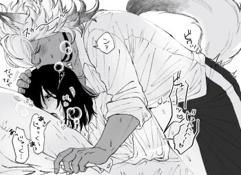 1boy 1girl animal_ears blush boy_on_top commentary_request dry_humping greyscale hand_on_another&#039;s_head heavy_breathing hetero humping jack_howl kissing_hair kmkm_puddiiiing medium_hair monochrome night_raven_college_school_uniform on_bed sweat tail translation_request twisted_wonderland white_background wolf_boy wolf_ears wolf_tail yuu_(twisted_wonderland)