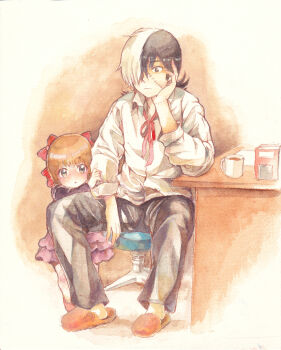 1boy 1girl absurdres black_hair black_jack_(character) black_jack_(series) black_pants brown_hair collared_shirt commentary_request cup hibiki_(bagawa) highres long_sleeves mug multicolored_hair painting_(medium) pants pinoko red_ribbon ribbon shirt short_hair slippers smile stitched_face stitches stool traditional_media two-tone_hair watercolor_(medium) white_hair white_shirt