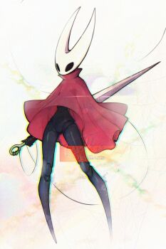1girl arthropod_girl black_eyes black_skin bottomless cloak colored_skin full_body highres holding holding_weapon hollow_eyes hollow_knight hollow_knight:_silksong horned_mask hornet_(hollow_knight) horns mask needle_(hollow_knight) red_cloak simple_background solo standing thwillartz weapon white_background white_mask