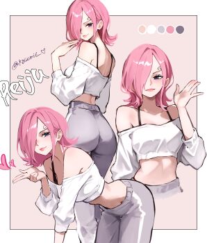 1girl absurdres blowing_kiss border bra_strap breasts brown_background character_name cropped_sweater curly_eyebrows grey_pants highres kasumi_6 medium_breasts medium_hair midriff multiple_views off-shoulder_sweater off_shoulder one_piece pants pink_hair simple_background smile solo sweater sweatpants vinsmoke_reiju white_border white_sweater