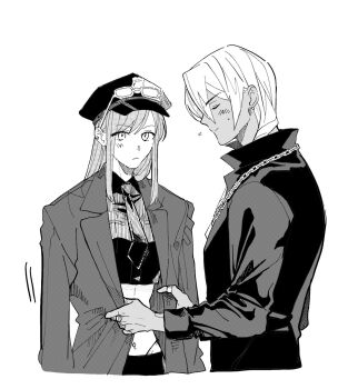 1boy 1girl :&lt; ace_attorney alternate_costume apollo_justice:_ace_attorney breast_pocket chain chain_necklace closed_eyes closed_mouth coat collared_shirt commentary_request covering_another cowboy_shot crop_top cropped_shirt dark-skinned_male dark_skin dingdanggu dress_shirt ear_piercing earrings ema_skye eyewear_on_head glasses greyscale hat highres hip_bones initial jacket jacket_on_shoulders jewelry klavier_gavin lapels light_smile linea_alba long_hair long_sleeves looking_at_another looking_down lowleg lowleg_skirt middle_ring midriff monochrome multiple_rings navel_piercing necklace necktie notched_lapels panty_straps peaked_cap piercing pocket police police_hat police_uniform policewoman popped_collar putting_on_jacket ring screentones shirt short_hair simple_background single_earring skirt smile sunglasses thumb_ring white_background