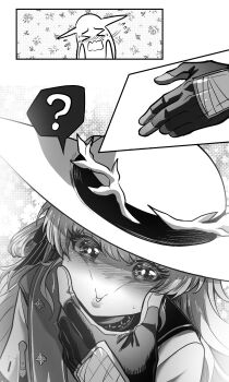 &gt;_&lt; 1boy 1girl ? absurdres blush cheek_squash commentary flying_sweatdrops gloves hat highres long_hair looking_at_viewer male_rover_(wuthering_waves) open_mouth parted_lips phoebe_(wuthering_waves) rover_(wuthering_waves) sash shirt spoken_question_mark sweatdrop tu_thanh wuthering_waves