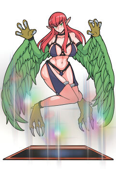 1girl bare_shoulders bigaggro breasts card claws commentary_request duel_monster feathered_wings feathers green_eyes green_feathers green_wings harpie_lady harpy highres korean_commentary large_breasts long_hair monster_girl navel pink_hair pointy_ears revealing_clothes solo summoning talons very_long_hair winged_arms wings yu-gi-oh!