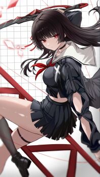 1girl arm_cutout black_choker black_hair black_jacket black_serafuku black_shirt black_shoes black_skirt black_socks breasts chisa_(wuthering_waves) choker closed_mouth clothing_cutout commentary grid_background hair_ribbon highres holding holding_sword holding_weapon jacket long_hair long_sleeves looking_at_viewer medium_breasts neckerchief red_eyes red_neckerchief red_ribbon revision ribbon sailor_collar saint_laurent_paris school_uniform serafuku shirt shoes skirt socks solo sword thigh_strap thighs weapon white_sailor_collar wuthering_waves