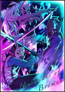 1girl 2boys baseball_bat black_leotard blood blood_on_clothes blood_on_face blue_sleeves cat_mask dark-skinned_female dark_skin fake_wings high_ponytail highres holding holding_baseball_bat holding_sword holding_weapon jacket katana leotard library_of_ruina long_hair mask meow_(project_moon) multiple_boys mumu_(project_moon) oink_(project_moon) pig_mask pleated_skirt ponytail project_moon purple_shirt rabbit_mask shirt skirt suillus sword very_long_hair weapon white_hair white_jacket white_skirt wings