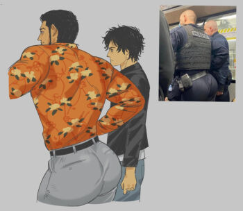 2boys ass bara black_hair dokeshin from_behind huge_ass judge_eyes kaito_masaharu long_sleeves male_focus multiple_boys muscular muscular_male pants photo_inset simple_background standing thighs tight_clothes white_background