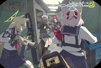 4girls acog aiming aiming_at_viewer animal_ears arisaka assault_rifle ballistic_shield bayonet blue_archive body_cam bolt_action character_name clich51368861 fox_ears fox_girl fox_mask grand_theft_auto grand_theft_auto_vi gun h&amp;k_ump halo handgun helmet helmet_gangster_(blue_archive) highres holding holding_gun holding_shield holding_weapon kurumi_(blue_archive) mask master_shiba_(blue_archive) multiple_girls niko_(blue_archive) parody pipe_in_mouth recording recycle_bin rifle scene_reference shield smoking_pipe submachine_gun surprised wakamo_(blue_archive) weapon yukino_(blue_archive)