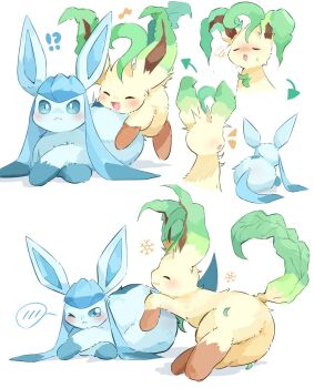 Rule 34 | !?, blue eyes, blush, closed eyes, gen 4 pokemon, glaceon, highres, illustrattyako, jumping, leafeon, musical note, nintendo, no humans, open mouth, pokemon, pokemon (creature), simple background, snowflake print, speech bubble, sweat