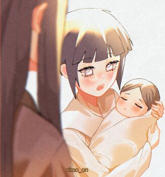 Rule 34 | 1boy, 2girls, absurdres, aged down, baby, black hair, blurry fo, carrying, carrying baby, carrying person, eyelashes, highres, hyuuga hanabi, hyuuga hinata, hyuuga neji, multiple girls, naruto (classic), naruto (series), purple eyes, short hair, simple background, white background, zimo on